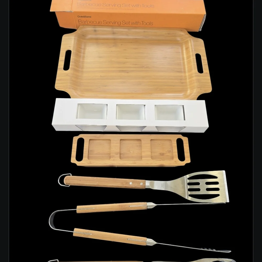 Crate&Barrel Barbecue Serving Set with Tools in Wood Grain and Orange